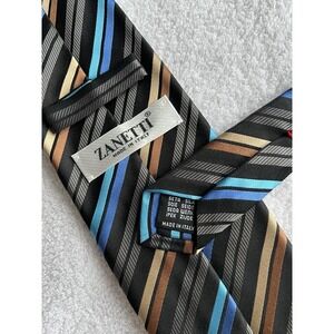 Zanetti	Multi Blue Brown Black Stripes Woven Repp	100% Silk	Tie Necktie Italy